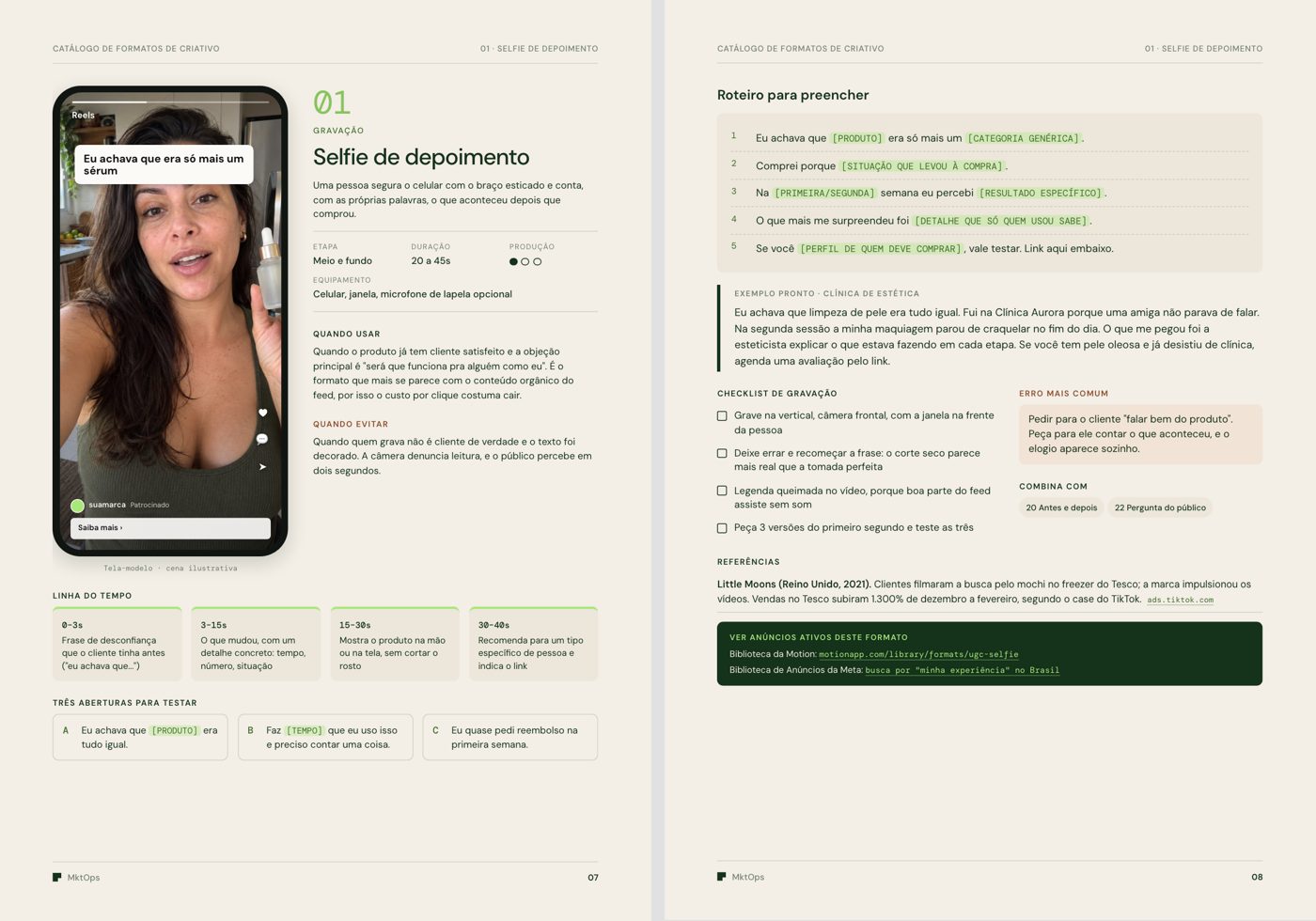 Duas páginas do catálogo: a tela-modelo do formato Selfie de depoimento e o roteiro para preencher