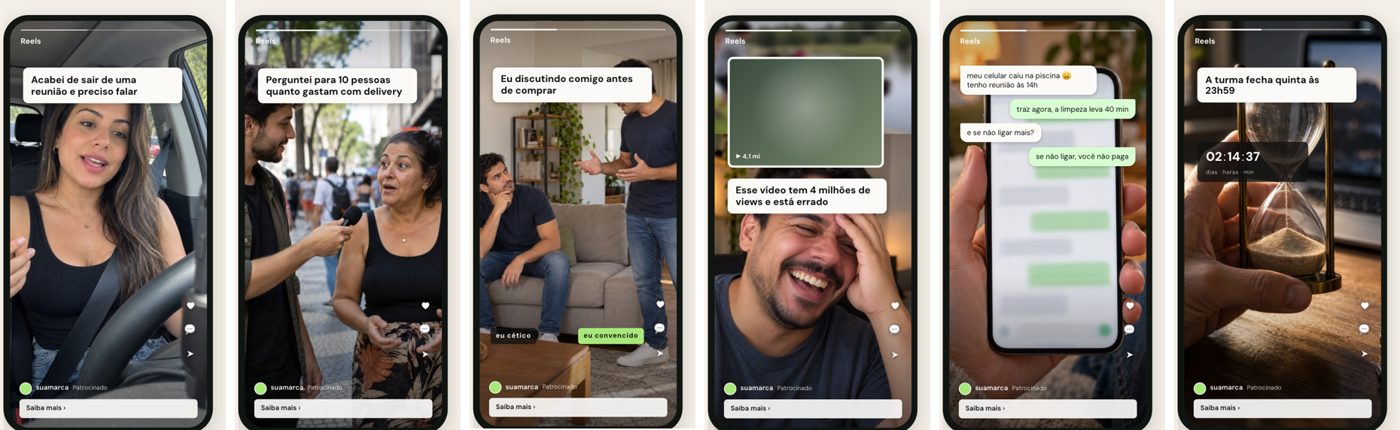 Seis telas-modelo do catálogo: no carro, tela verde, clone, reação a vídeo viral, print de conversa e prazo de verdade